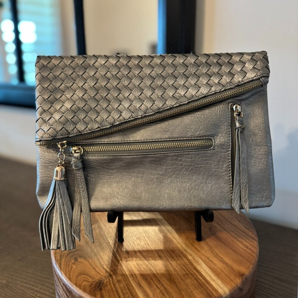 Woven Foldover Clutch with Tassel Zippers – Neutral Gray Evening Bag